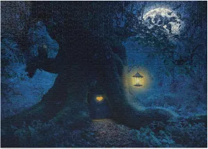 Ambesonne Fantasy Jigsaw Puzzle, Night with a Little Home in The Trunk of an Tree in The Woods Print, Heirloom-Quality Fun Activity for Family Durable Cardboard, 1000 pcs, Navy Blue