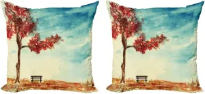 Ambesonne Tree Throw Pillow Cushion Cover Pack of 2, Watercolors Design of a Tree and Bench Earth Ecological Protection for Future Image, Zippered Double-Side Digital Print Decor, 24", Orange Blue