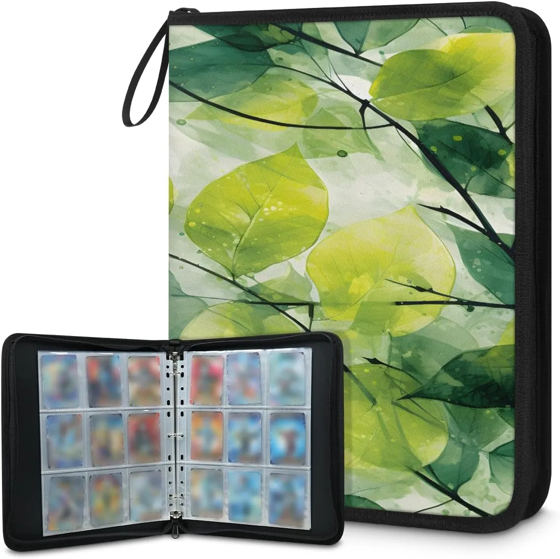 Ancient Leaf 3 Ring Trading Zipper Binder Strap, Trading Card Binder 4 Pocket, 400 Pockets Card Holder with 50 Removable Sleeves for Game Cards