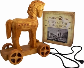 Ancient Toys - Wooden Trojan Horse Pull Toy with Hardcover Book! Teach Children About History Through Interactive Play
