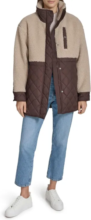 Andrew Marc Women's Mixed Media Tunic Length Faux Sherpa Jacket