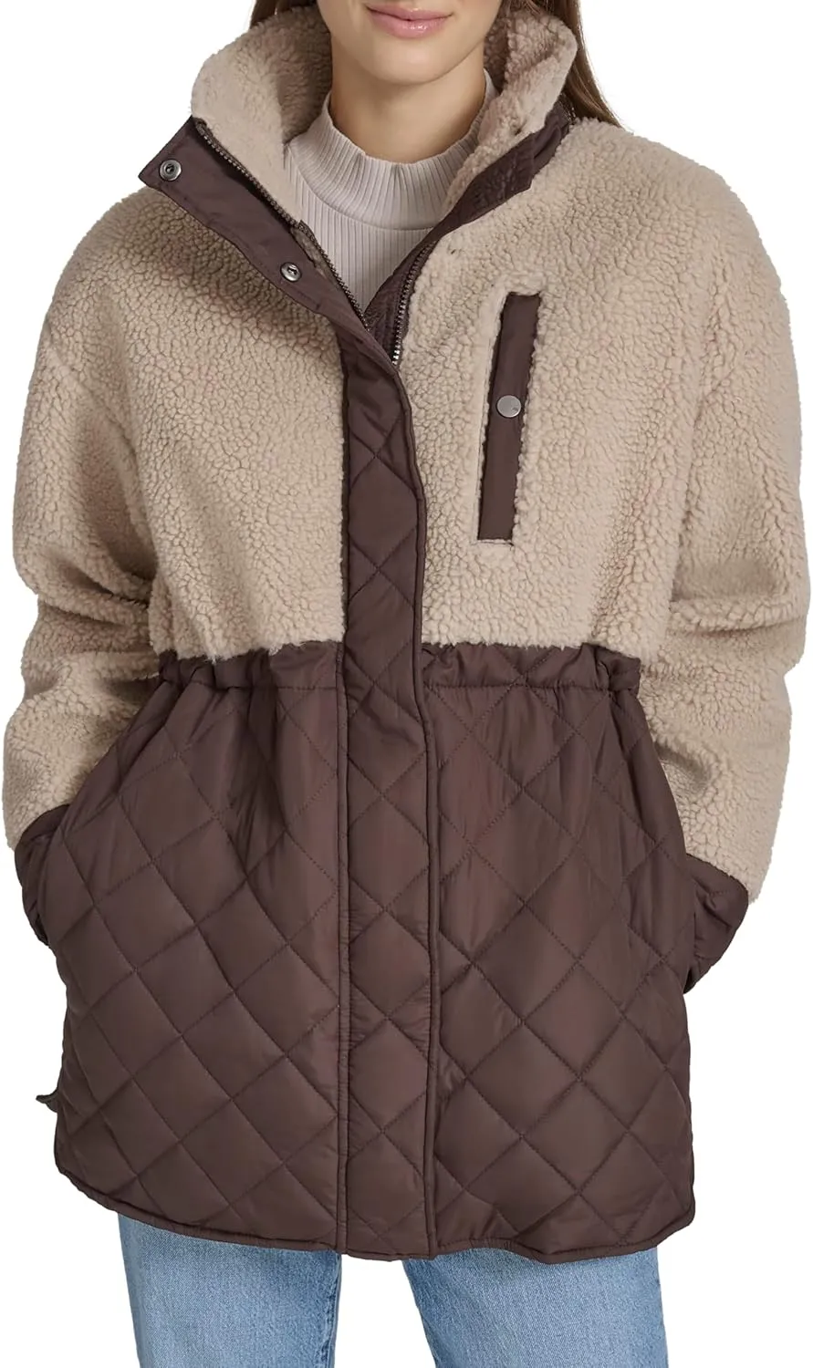 Andrew Marc Women's Mixed Media Tunic Length Faux Sherpa Jacket