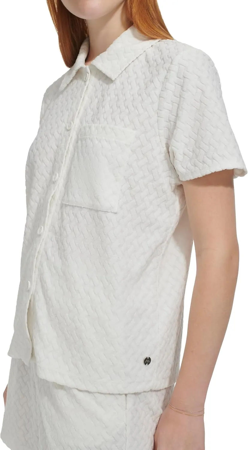 Andrew Marc Women's Short Sleeve Collared Textured French Terry Pullover