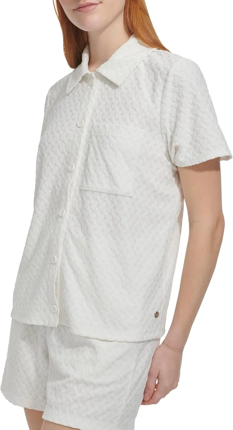 Andrew Marc Women's Short Sleeve Collared Textured French Terry Pullover