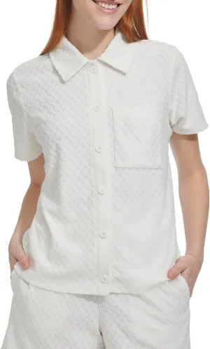 Andrew Marc Women's Short Sleeve Collared Textured French Terry Pullover