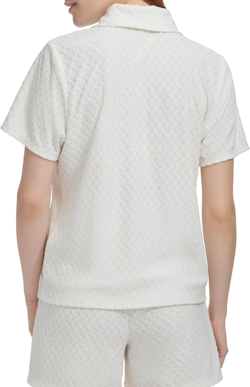 Andrew Marc Women's Short Sleeve Collared Textured French Terry Pullover