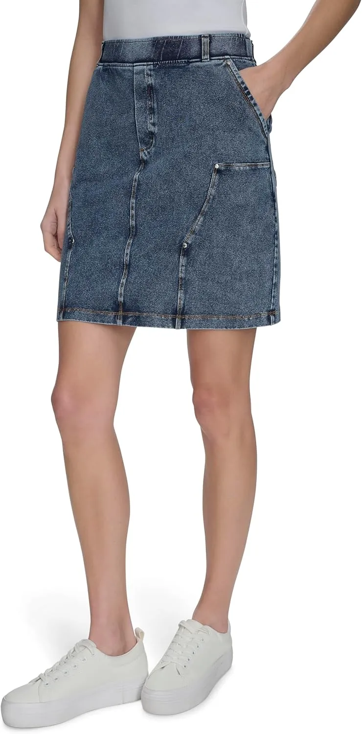 Andrew Marc Women's Woven Faux Denim Pull on Skirt