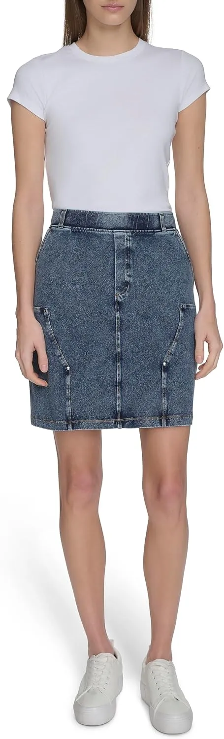 Andrew Marc Women's Woven Faux Denim Pull on Skirt