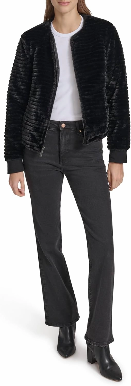 Andrew Marc Women's Zip Front Collarless Faux Fur Jacket