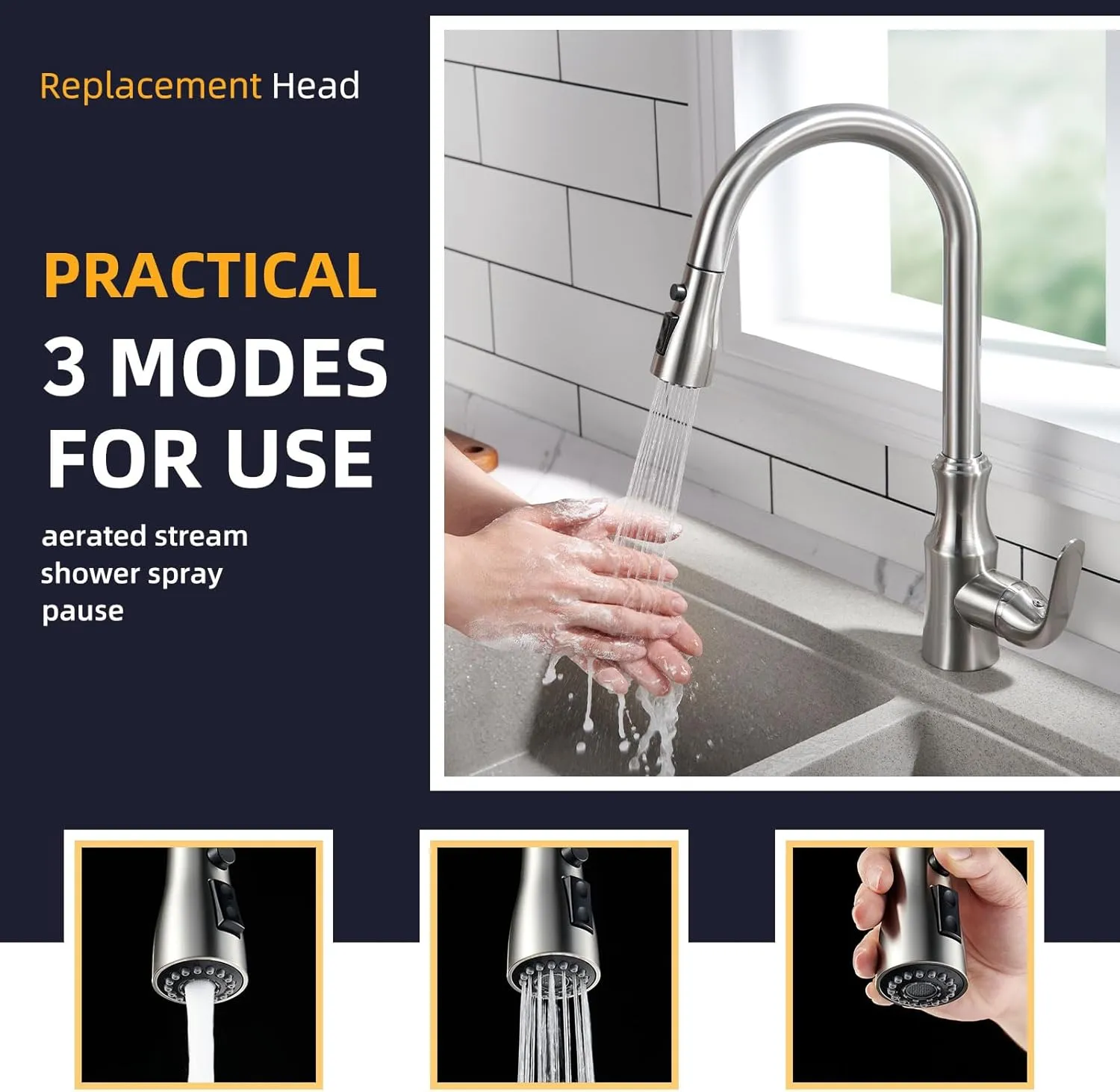 Angle Simple Kitchen Faucet Head Replacement, Sink Faucet Sprayer Attachment, Stream Spray and Pause Mode, Brushed Nickel