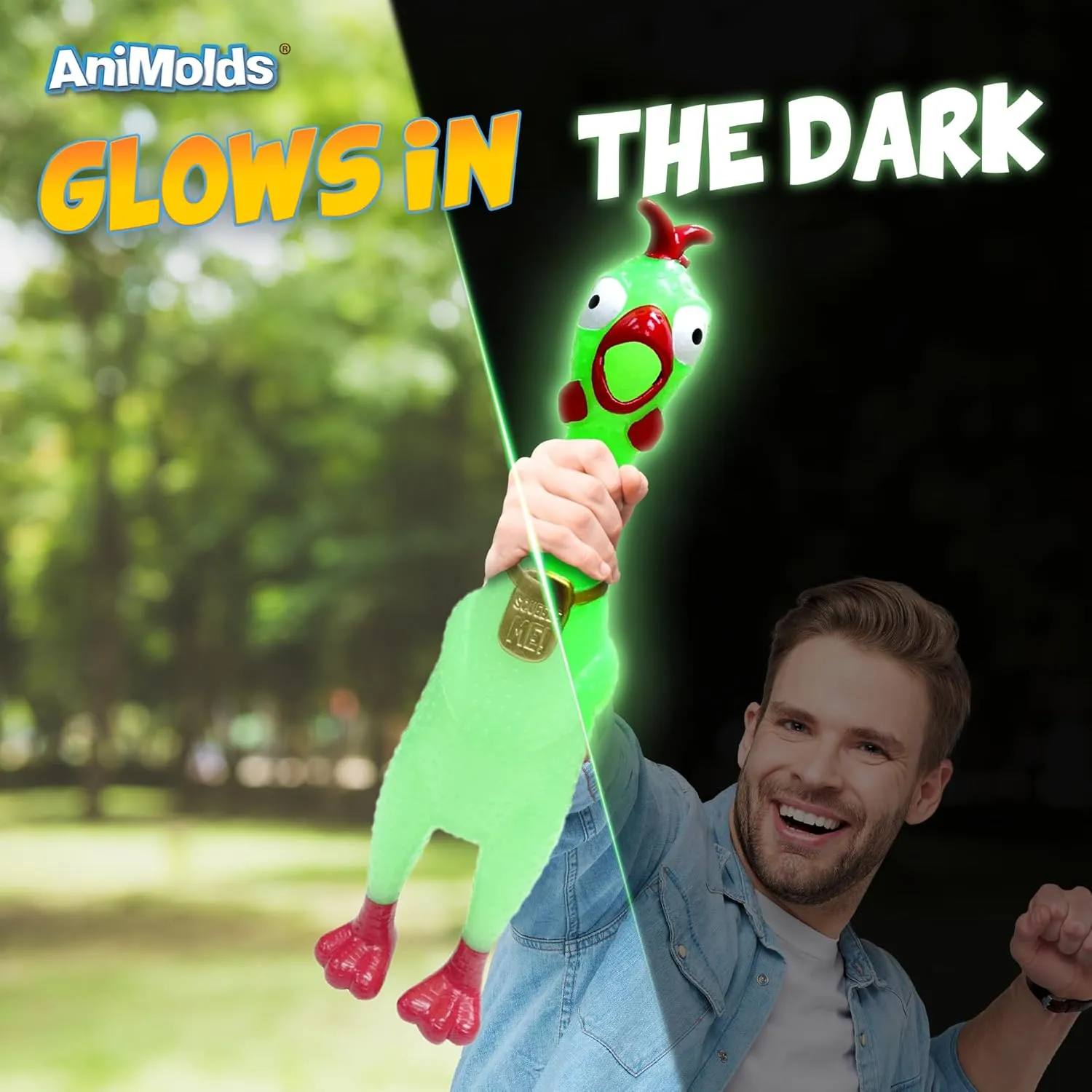 Animolds Squeeze Me Rubber Chicken Toy | Screaming Squeaky Chicken for Kids & Dogs | Novelty Prank Gag Gift (2 Pack Glow in The Dark)