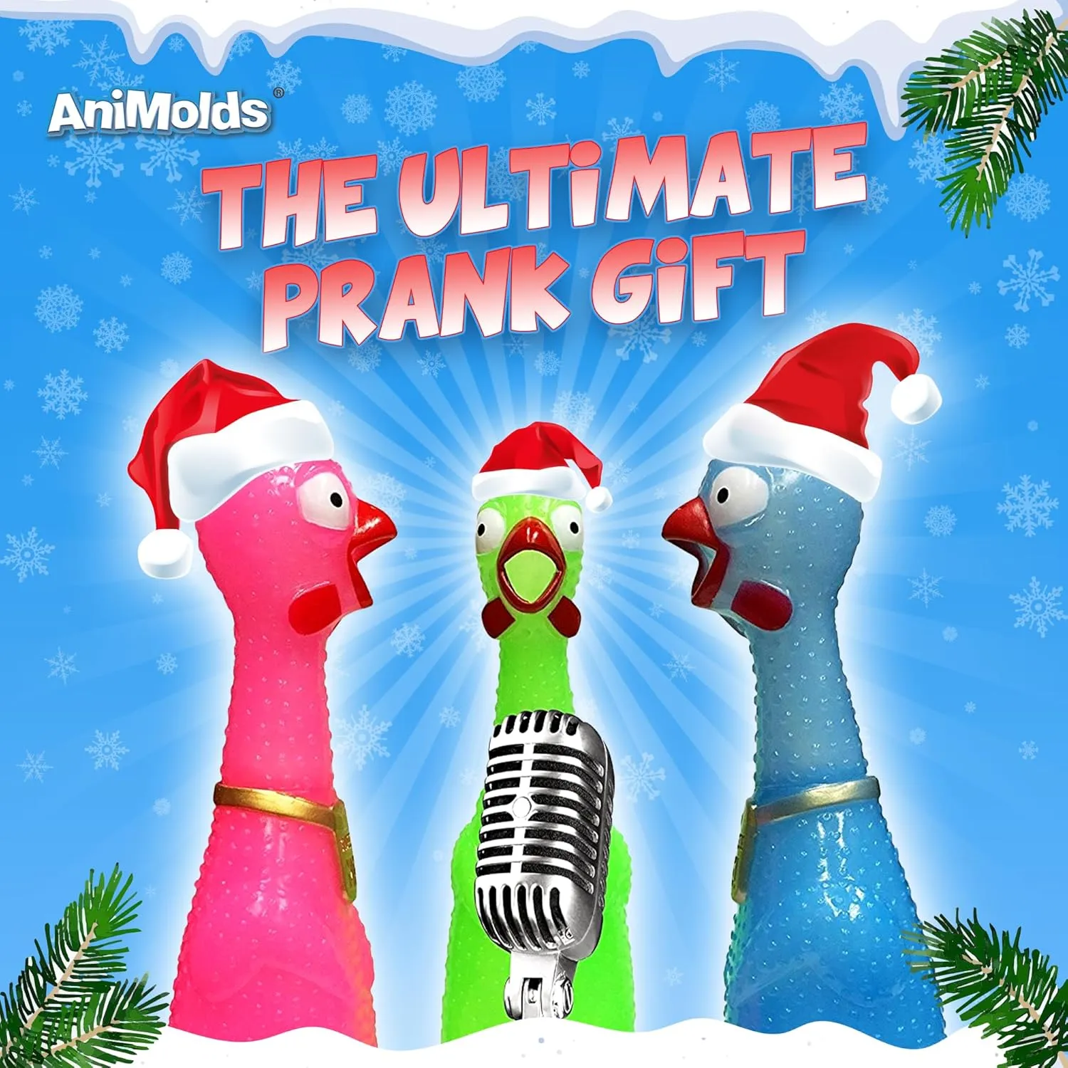 Animolds Squeeze Me Rubber Chicken Toy | Screaming Squeaky Chicken for Kids & Dogs | Novelty Prank Gag Gift (2 Pack Glow in The Dark)
