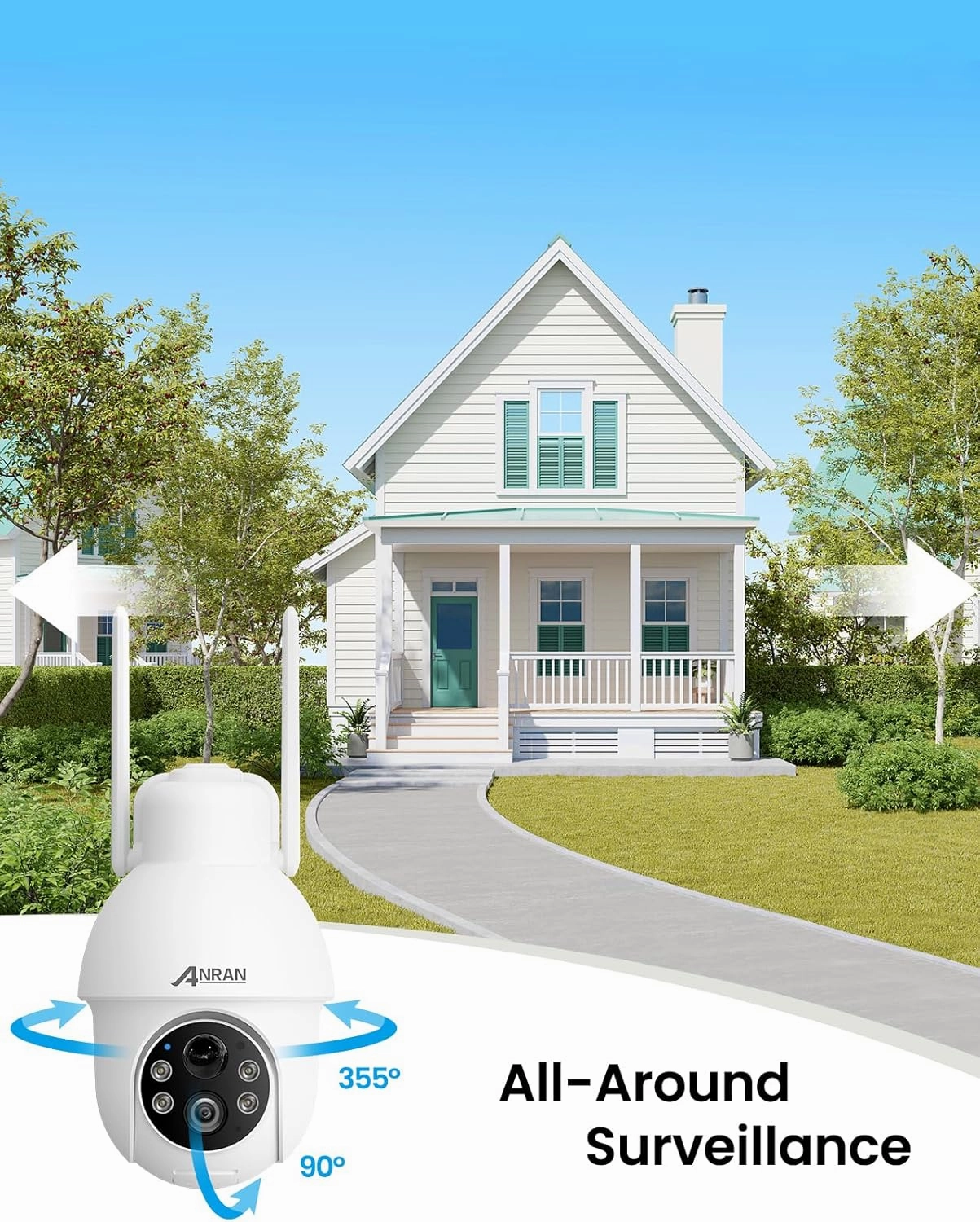 ANRAN Solar Camera Security Outdoor, True Wireless 2.4GHz WiFi Camera for Home Security with Solar Panel, 360° Panoramic View, PIR Motion Detection, 2K Color Night Vision, Compatible with Alexa