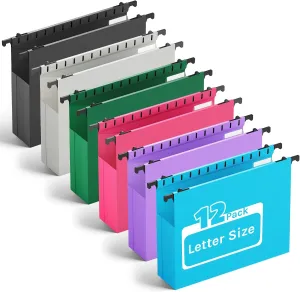 Ansook Extra Capacity Plastic Hanging File Folders,2" Expanding Accordian Pocket with Black Insert Gasket,Heavy Duty for Filing Cabinet,Durable Hang Folders,Letter Size,12 Pack,Assorted Color