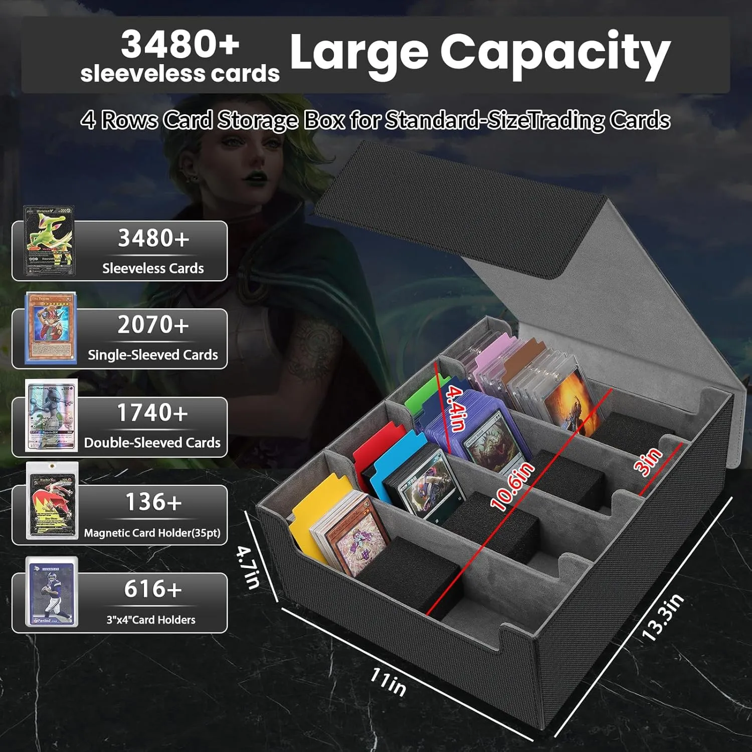 AOBOPLE 3400  Trading Card Storage Box,Storage Box for Top Loaders Hold 616 ,PU Magnetic Card Box with 16 Dividers&4 Supporters for MTG/TCG Sport Cards