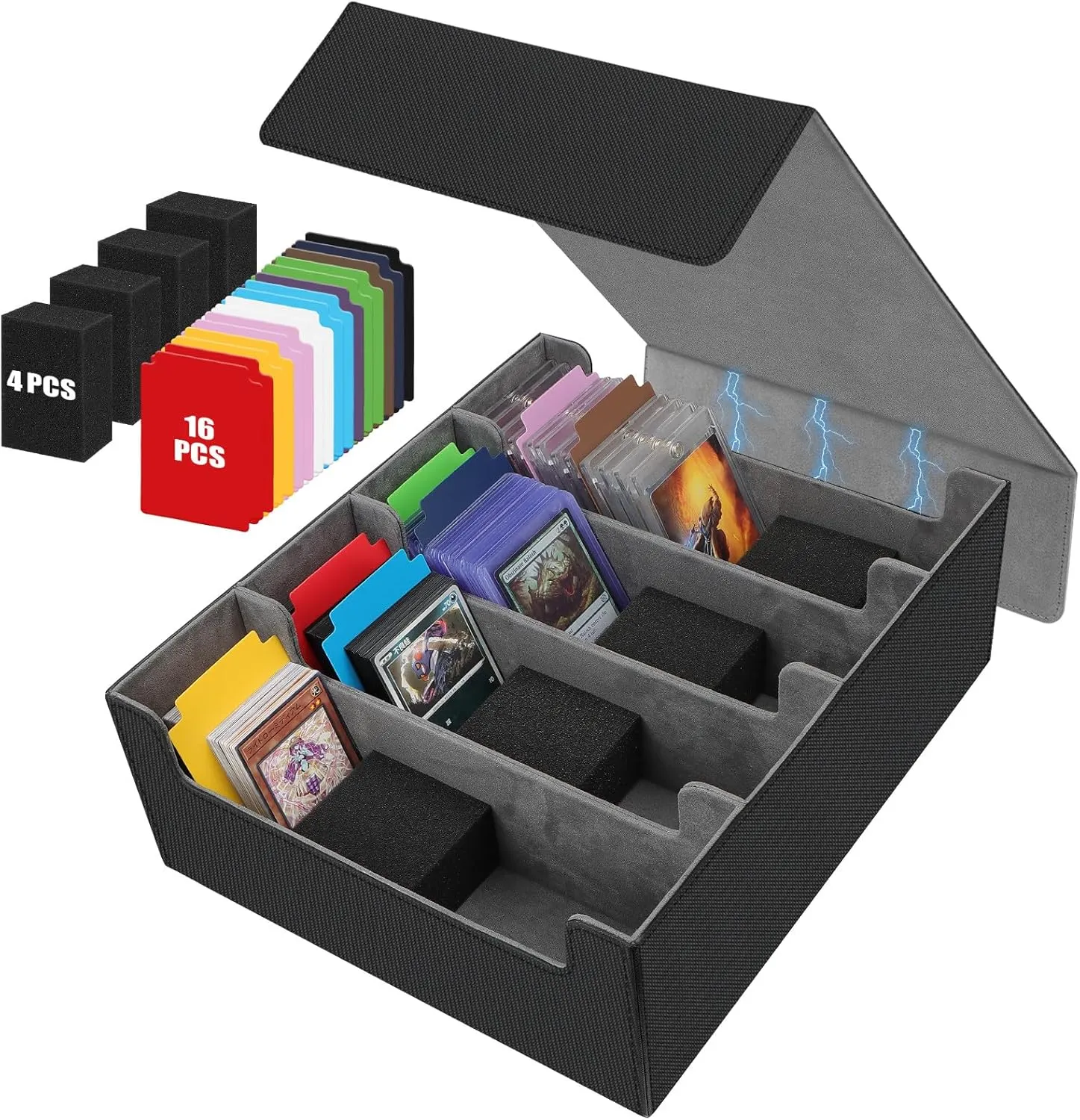 AOBOPLE 3400  Trading Card Storage Box,Storage Box for Top Loaders Hold 616 ,PU Magnetic Card Box with 16 Dividers&4 Supporters for MTG/TCG Sport Cards