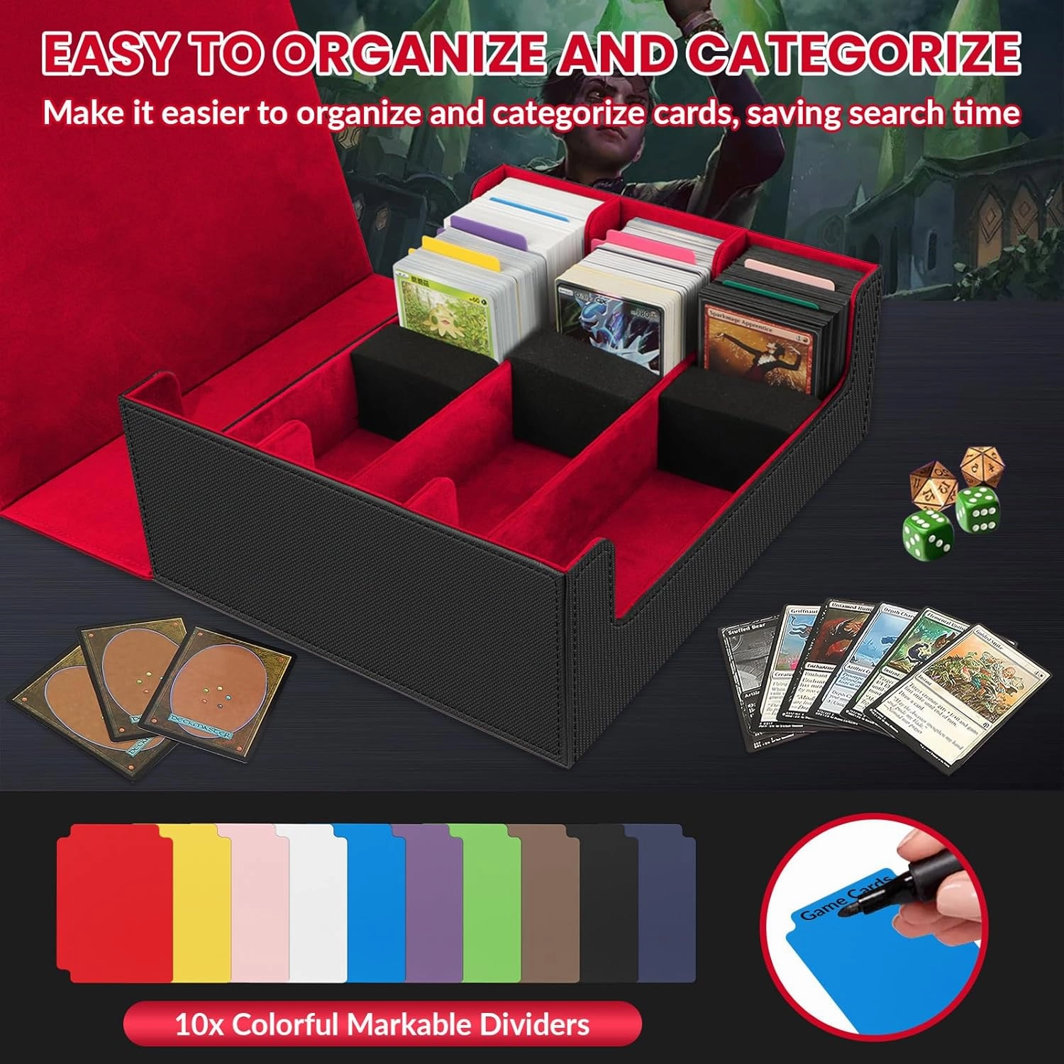 AOBOPLE 1800  Trading Card Storage Box,MTG Deck Box with 10 Pcs Colorful Dividers & 3 Foam Supporters Commander Card Deck Case for Magic Game Cards TCG, PTG