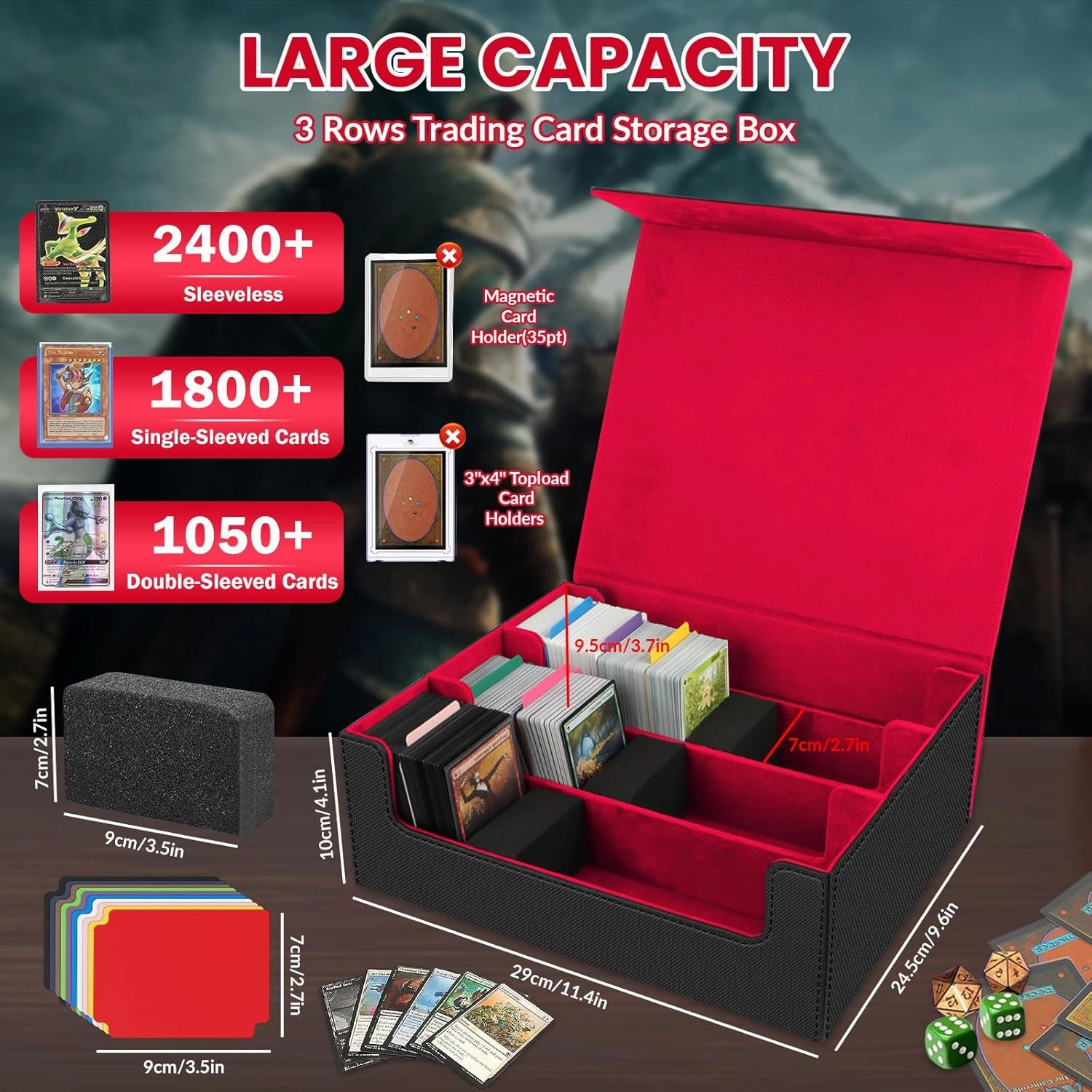 AOBOPLE 1800  Trading Card Storage Box,MTG Deck Box with 10 Pcs Colorful Dividers & 3 Foam Supporters Commander Card Deck Case for Magic Game Cards TCG, PTG