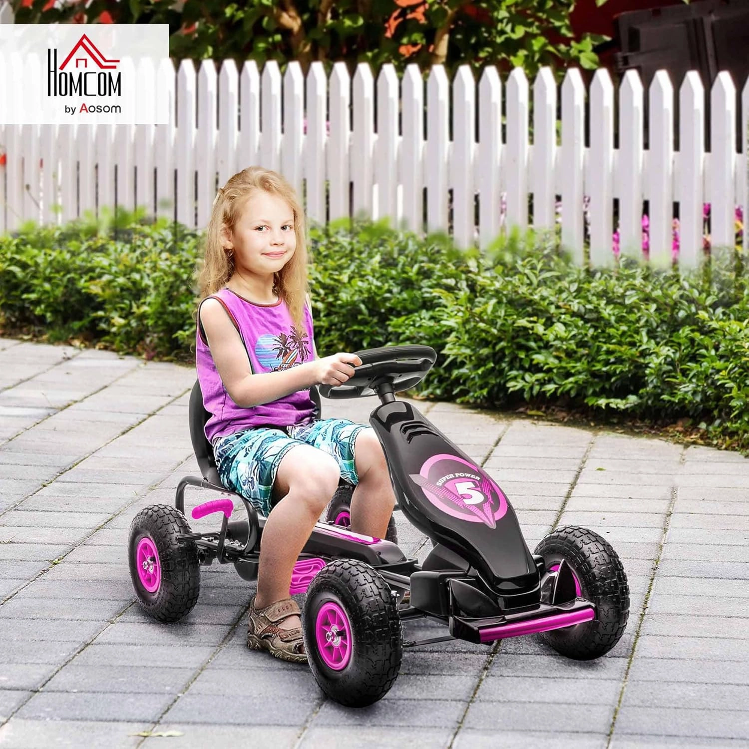 Aosom Kids Pedal Go Kart Ride-on Toy with Ergonomic Comfort, Pedal Car with Tough, Wear-Resistant Tread, Go Cart Kids Car for Boys & Girls with Suspension System, Safety Hand Brake, Ages 5-12, Pink