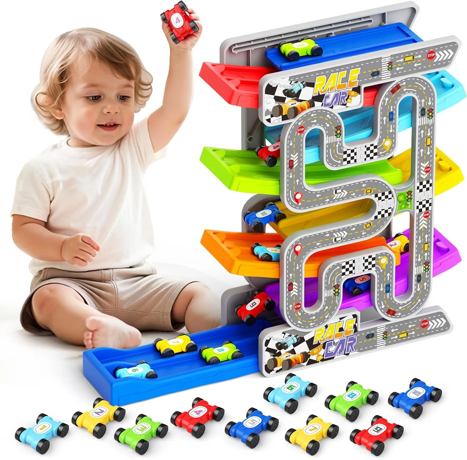 aotipol Toddler Toys for 2 3 Year Old Boy Girl, Double-Track Car Ramp Toy with Pull-Out Parking Lots & 10 Mini Cars, Montessori Toy Birthday Gift for Toddlers Boys Girls Age 18  Month Old, New Track