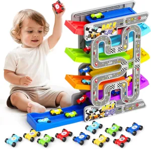 aotipol Toddler Toys for 2 3 Year Old Boy Girl, Double-Track Car Ramp Toy with Pull-Out Parking Lots & 10 Mini Cars, Montessori Toy Birthday Gift for Toddlers Boys Girls Age 18  Month Old, New Track