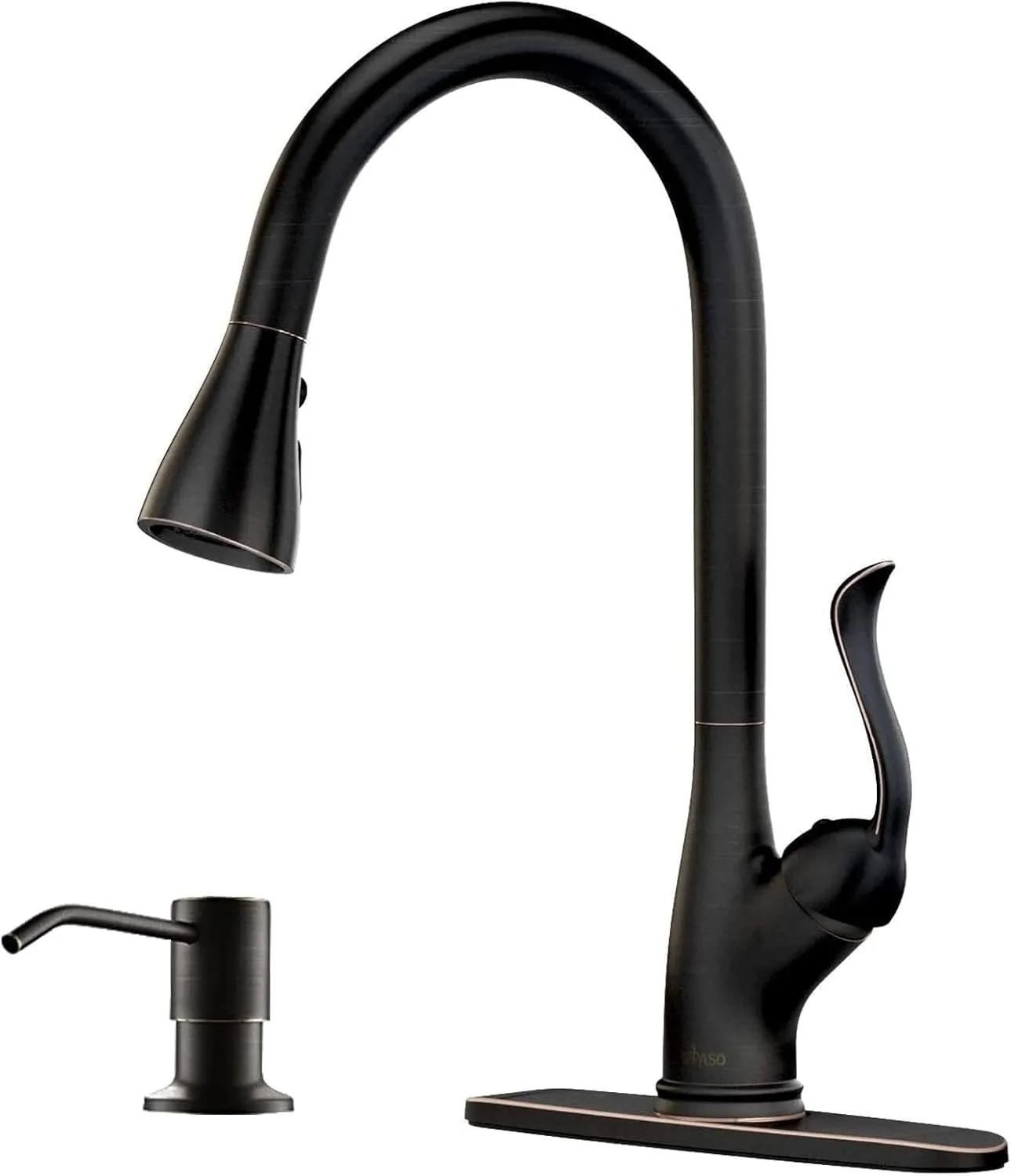 APPASO Patented Pull Down Kitchen Faucet with Soap and Sprayer Oil Rubbed Bronze - Single Handle Antique One Hole High Arc Pull Out Kitchen Sink Faucets and Soap Dispenser Antique Bronze