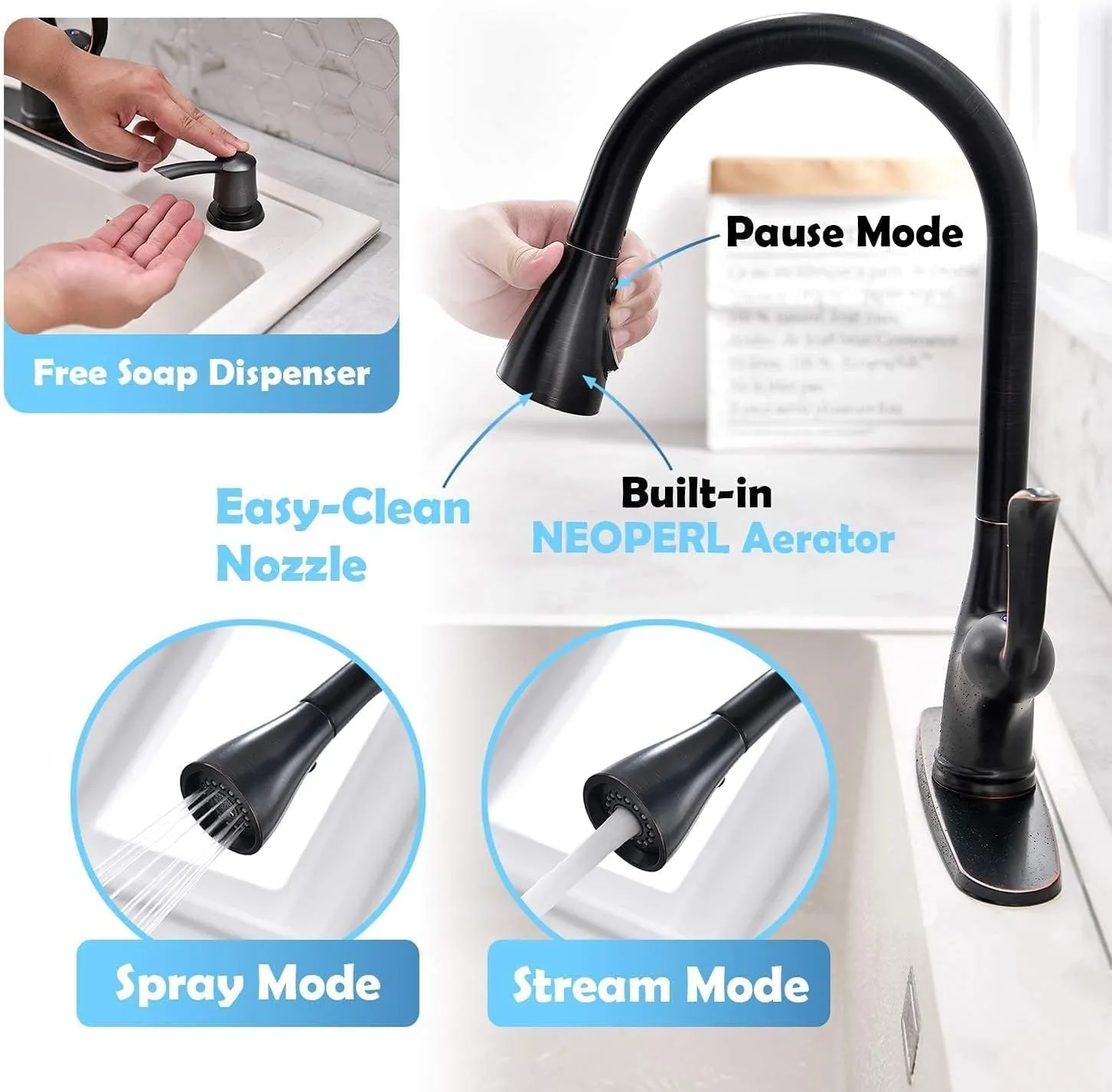 APPASO Patented Pull Down Kitchen Faucet with Soap and Sprayer Oil Rubbed Bronze - Single Handle Antique One Hole High Arc Pull Out Kitchen Sink Faucets and Soap Dispenser Antique Bronze