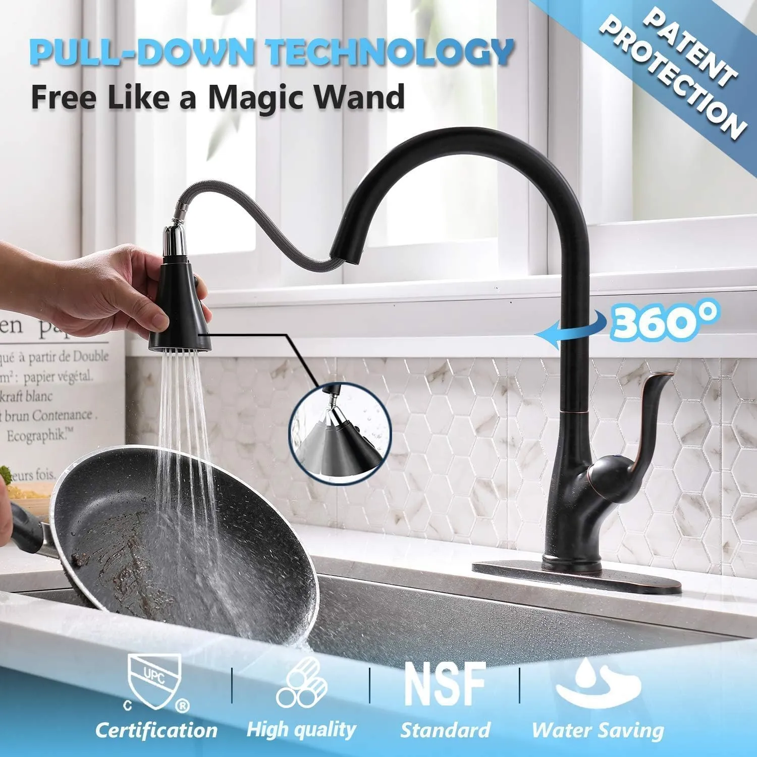 APPASO Patented Pull Down Kitchen Faucet with Soap and Sprayer Oil Rubbed Bronze - Single Handle Antique One Hole High Arc Pull Out Kitchen Sink Faucets and Soap Dispenser Antique Bronze