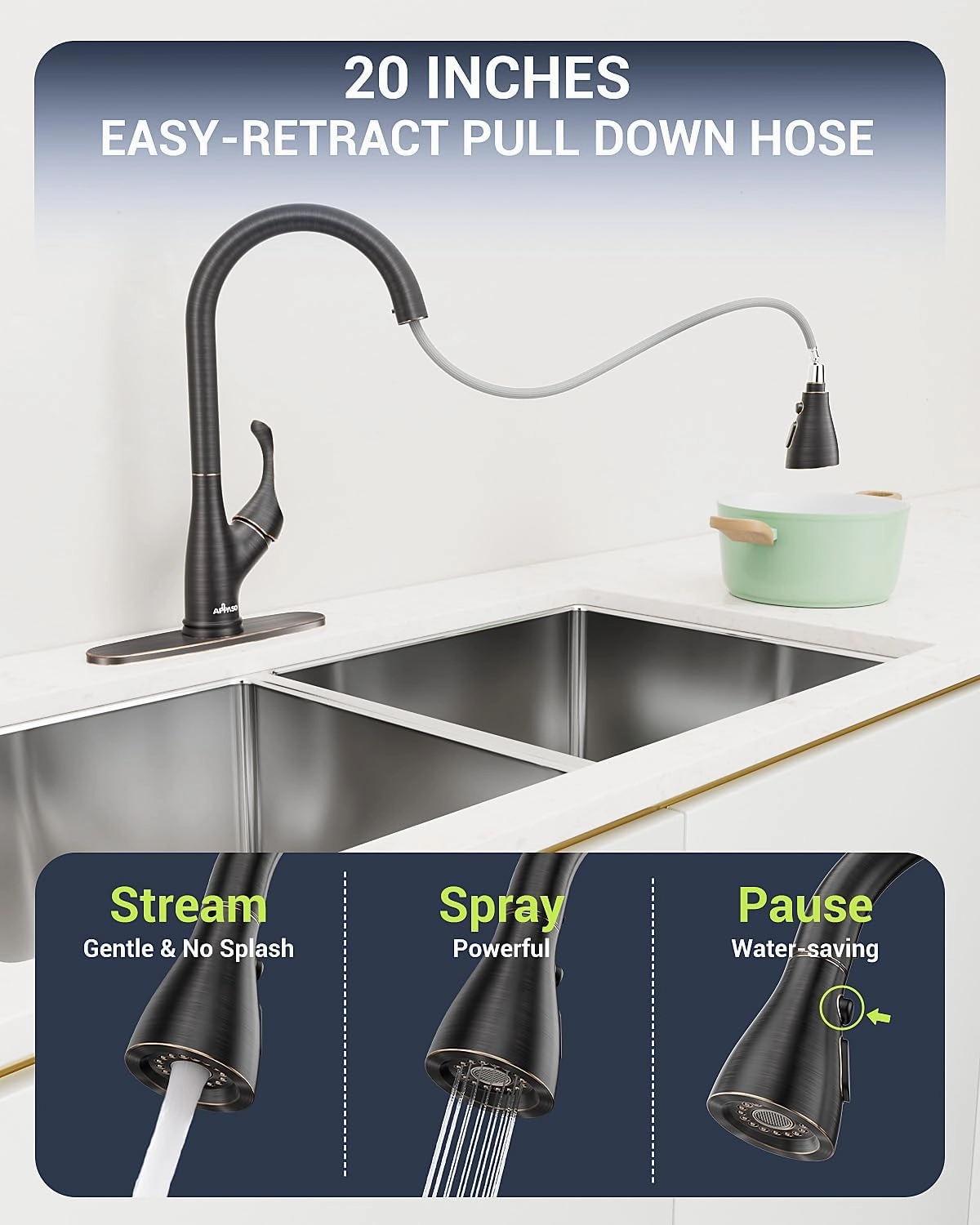 APPASO Kitchen Faucet with Pull Down Sprayer Oil Rubbed Bronze, Single Handle High Arc Pull Out Spray Head Kitchen Sink Faucet with Deck Plate