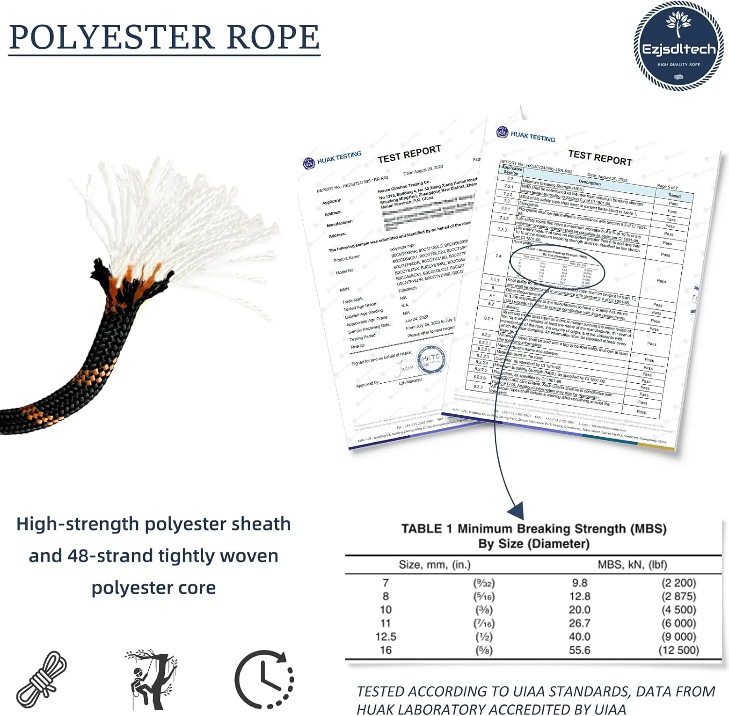 Arborist Rigging Rope Bull Rope Black (1/2 in x 100ft) Polyester Braided Arborist Rope 48 Strands for Various Outdoor Applications Construction Climbing Swing Sailing