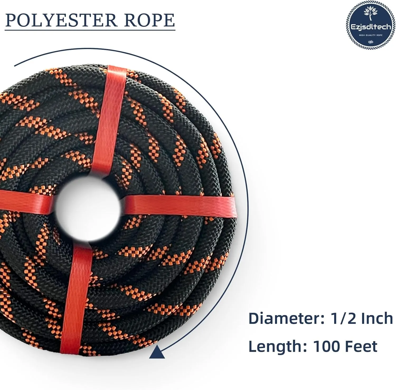 Arborist Rigging Rope Bull Rope Black (1/2 in x 100ft) Polyester Braided Arborist Rope 48 Strands for Various Outdoor Applications Construction Climbing Swing Sailing