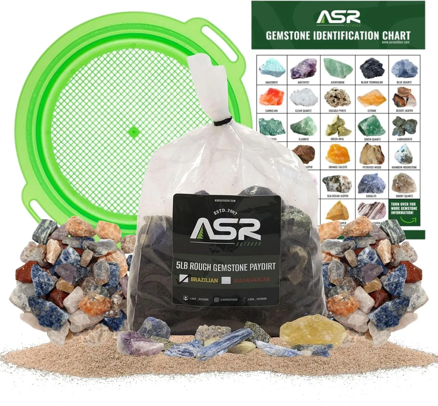 ASR Outdoor 5lb Rough Gemstone Mining Kit Geology Paydirt Classifier and ID Chart (Madagascar)
