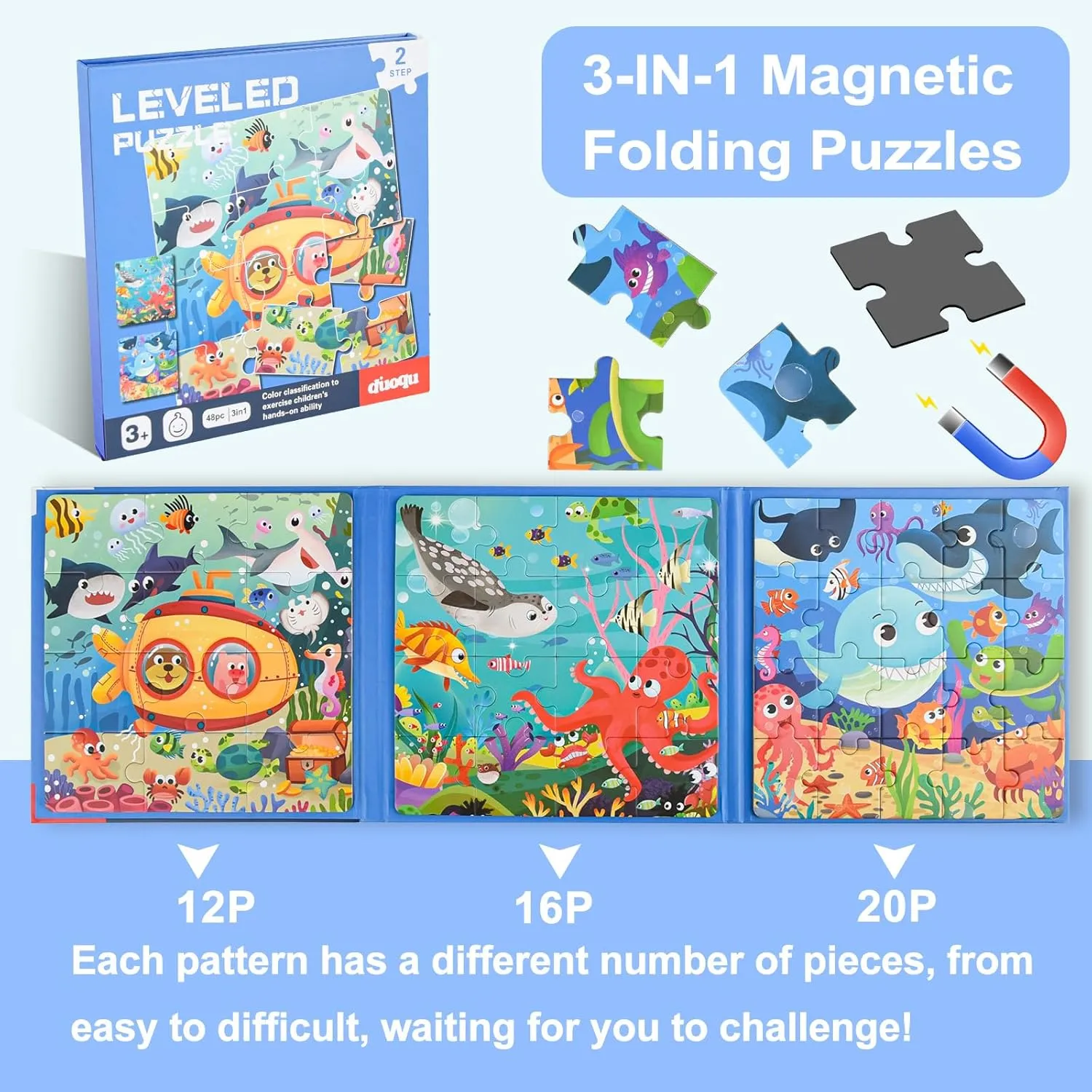 ASTARON Magnetic Puzzles for Toddlers, 12-16-20 Pieces Ocean Learning Magnet Puzzles for Road Trip, Educational Travel Toys Car Plane Activities for Kids, Kids Birthday Gifts