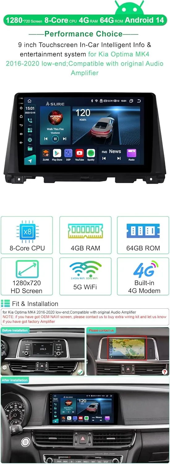 ASURE 10.1 inch Car Stereo Radio Upgrade for Kia Optima K5 JF 2016-2020,8Core 4 64G Android Car GPS Navigation Unit with Wireless Carplay,Android Auto,SWC,1280x800 Touchscreen Multimedia Video Player