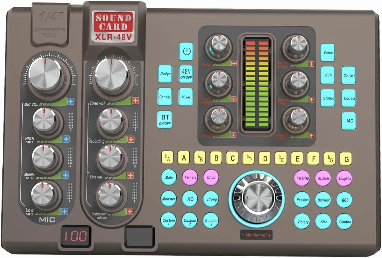 Audio Interface with 48V Phantom Power, Noise Reduction, Customize Sound Pads for Live Streaming, Podcasting, Recording, Gaming, PC, Guitar