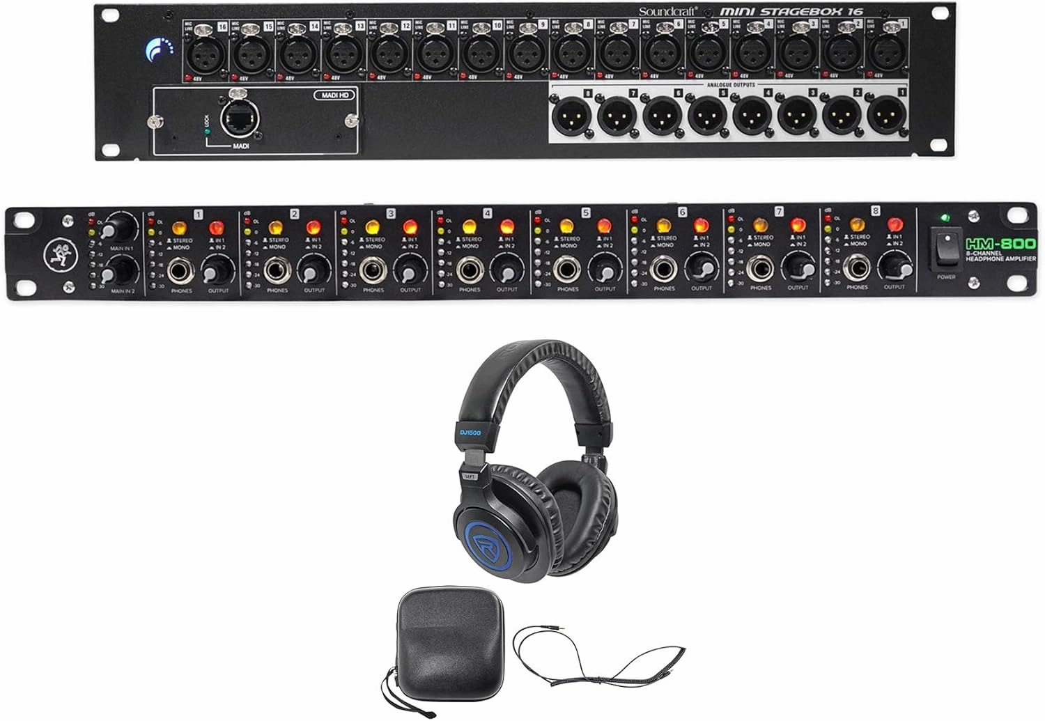 Audiosavings Bundle: 16-Ch Mini Stagebox Bundle with Rockville DJ Headphones w/Detachable Coil Cable, Case Extra Ear Pad & HM-800 Pro Rackmount 8-Ch Headphone Amplifier (3 Items)