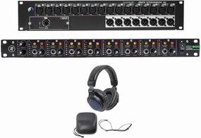 Audiosavings Bundle: 16-Ch Mini Stagebox Bundle with Rockville DJ Headphones w/Detachable Coil Cable, Case Extra Ear Pad & HM-800 Pro Rackmount 8-Ch Headphone Amplifier (3 Items)