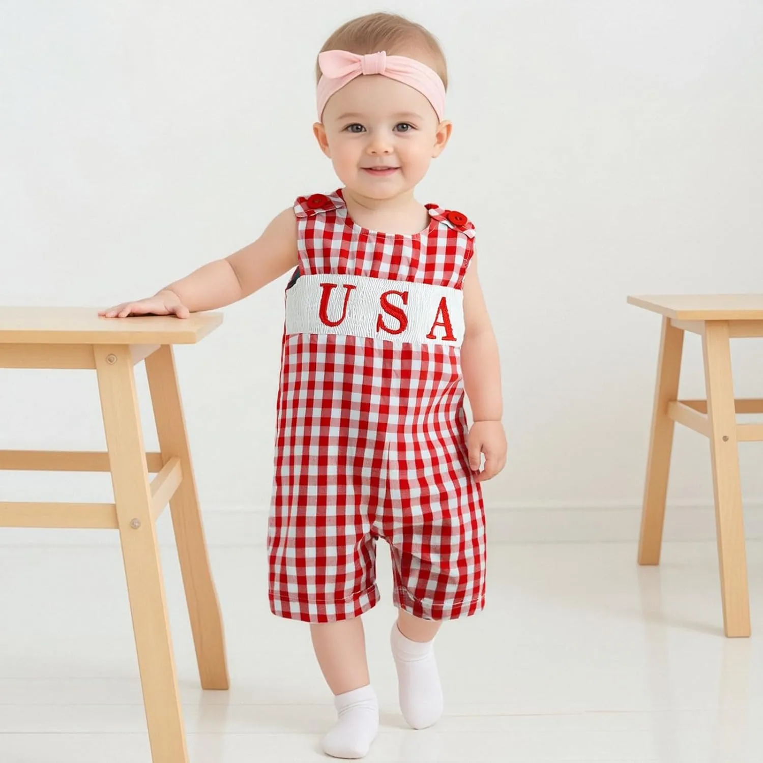 Axupico Baby Boys Rompers Independence Day Clothes Letter Embroidery Plaid Summer Sleeveless Overalls Bodysuits Jumpsuits