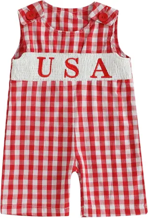 Axupico Baby Boys Rompers Independence Day Clothes Letter Embroidery Plaid Summer Sleeveless Overalls Bodysuits Jumpsuits