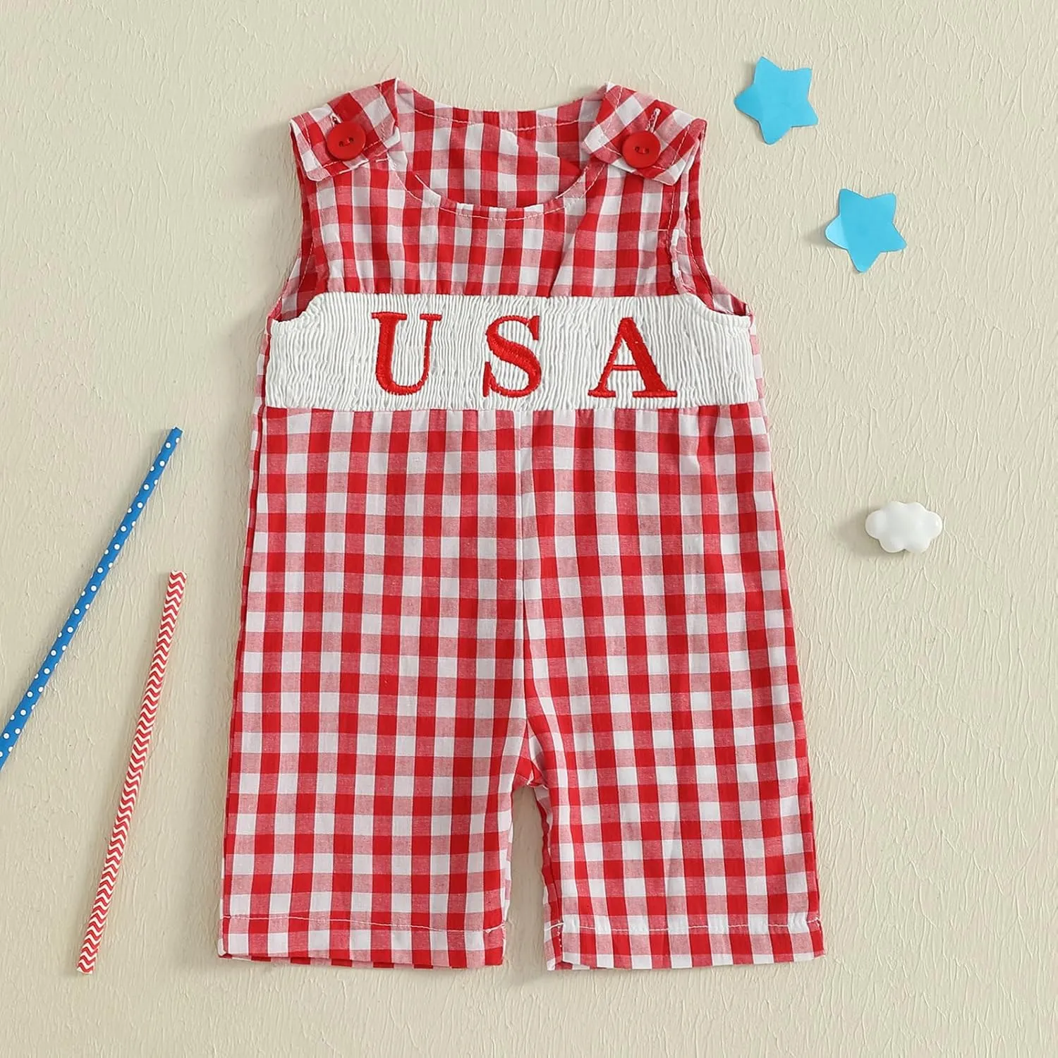 Axupico Baby Boys Rompers Independence Day Clothes Letter Embroidery Plaid Summer Sleeveless Overalls Bodysuits Jumpsuits