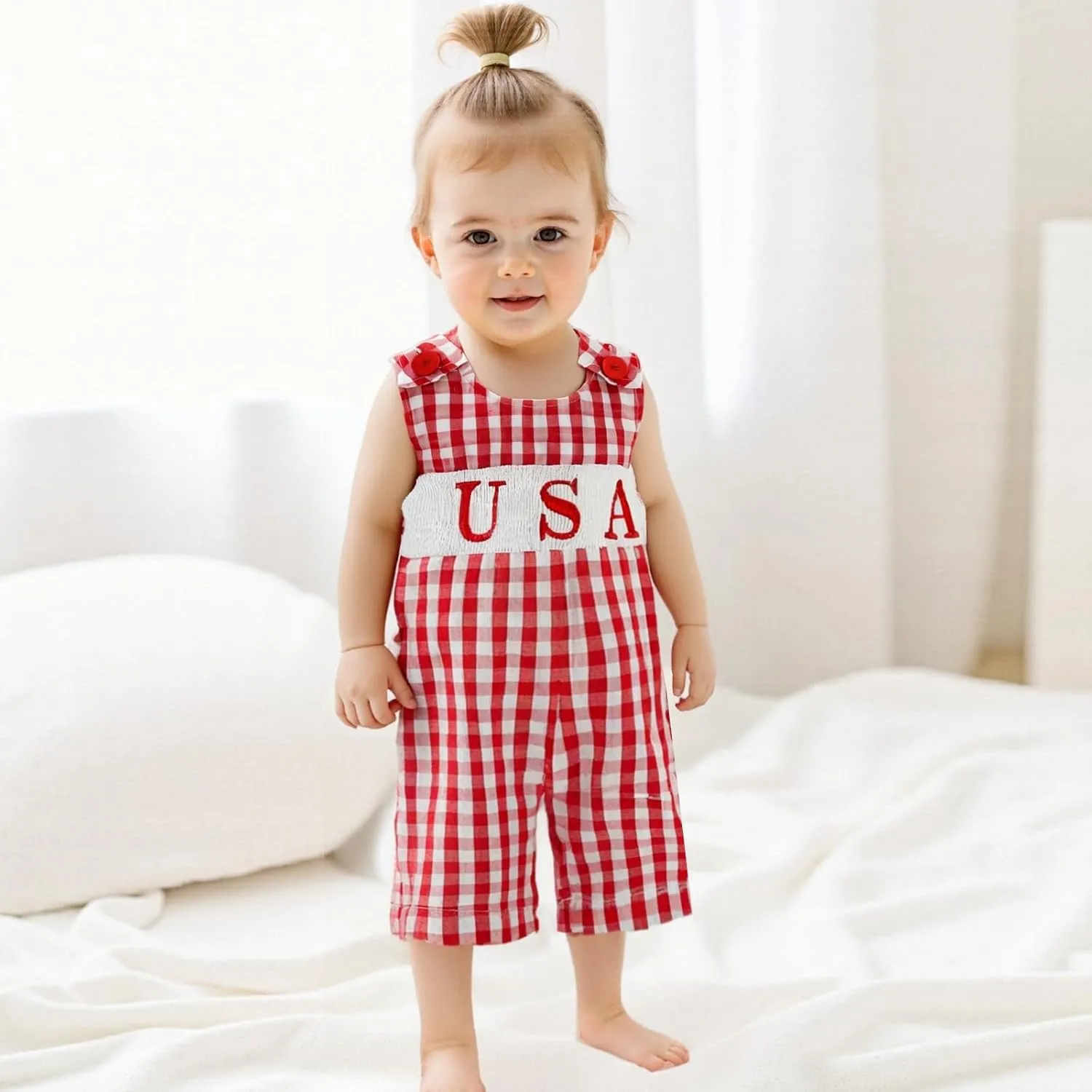 Axupico Baby Boys Rompers Independence Day Clothes Letter Embroidery Plaid Summer Sleeveless Overalls Bodysuits Jumpsuits