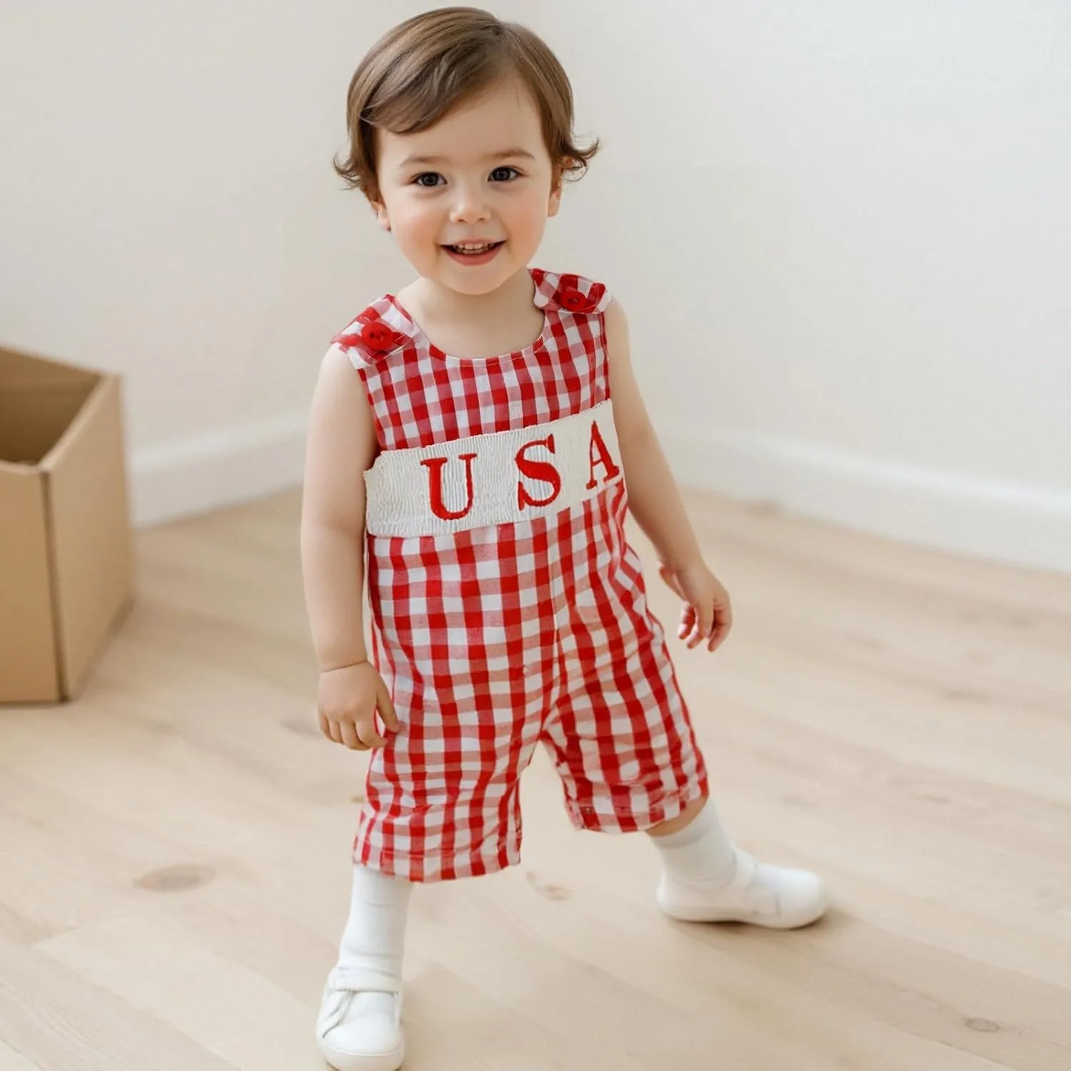 Axupico Baby Boys Rompers Independence Day Clothes Letter Embroidery Plaid Summer Sleeveless Overalls Bodysuits Jumpsuits