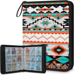Aztec Pattern 3 Ring Trading Zipper Binder Strap, Trading Card Binder 4 Pocket, 400 Pockets Card Holder with 50 Removable Sleeves for Game Cards
