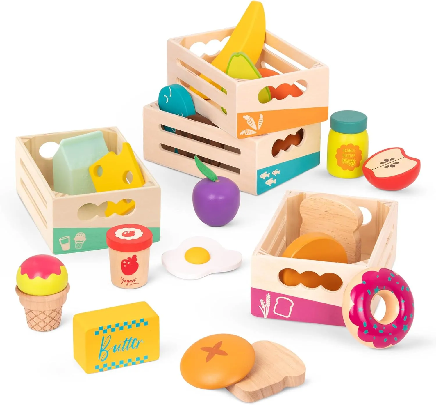 B. toys- Little Foodie Groups- Pretend Play Wooden Play Food – Food Group Crates – 24 Play Kitchen Accessories – Educational Toys for Kids – 3 Years  