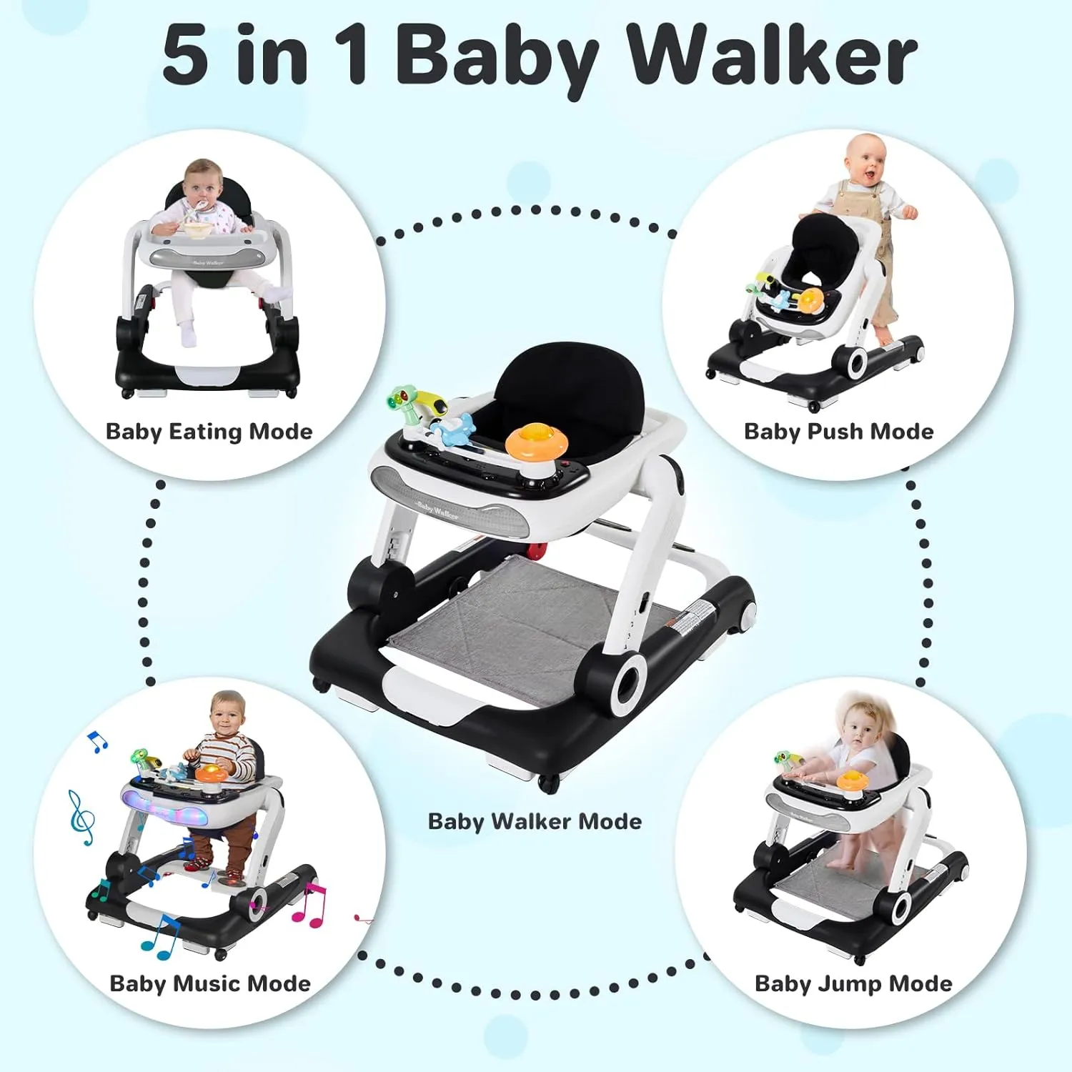 Baby Walker,4-Gear Height Adjustable Baby Walker with Wheels,5 in 1 Baby Activity Center,Music and Lights Bouncer Walker for Baby Boy 6-18 Months,Adjustable Speed Baby Push Walker