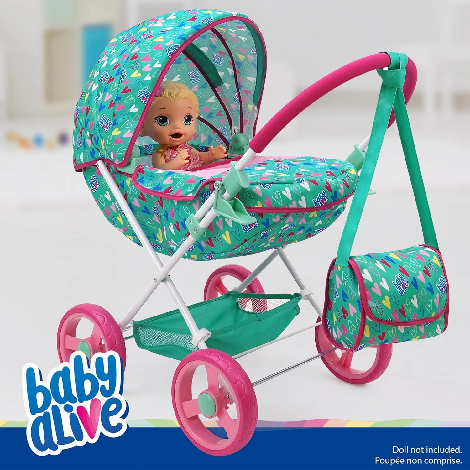 Baby Alive: Deluxe Classic Doll Pram - Green, Pink, Hearts - Accessory for Dolls Up to 18", Matching Shoulder Bag, Foldable, Storage, Kids Toy, Age 3 