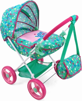 Baby Alive: Deluxe Classic Doll Pram - Green, Pink, Hearts - Accessory for Dolls Up to 18", Matching Shoulder Bag, Foldable, Storage, Kids Toy, Age 3 