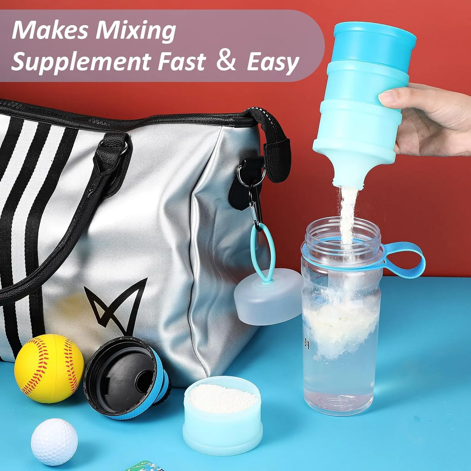 Baderke 2 Pcs Protein Powder Container with Funnels Stand, 4 Stackable Leakproof Protein Powder Dispenser, Portable Keychain Powder Container for Workout, Fitness, Travel(Blue)
