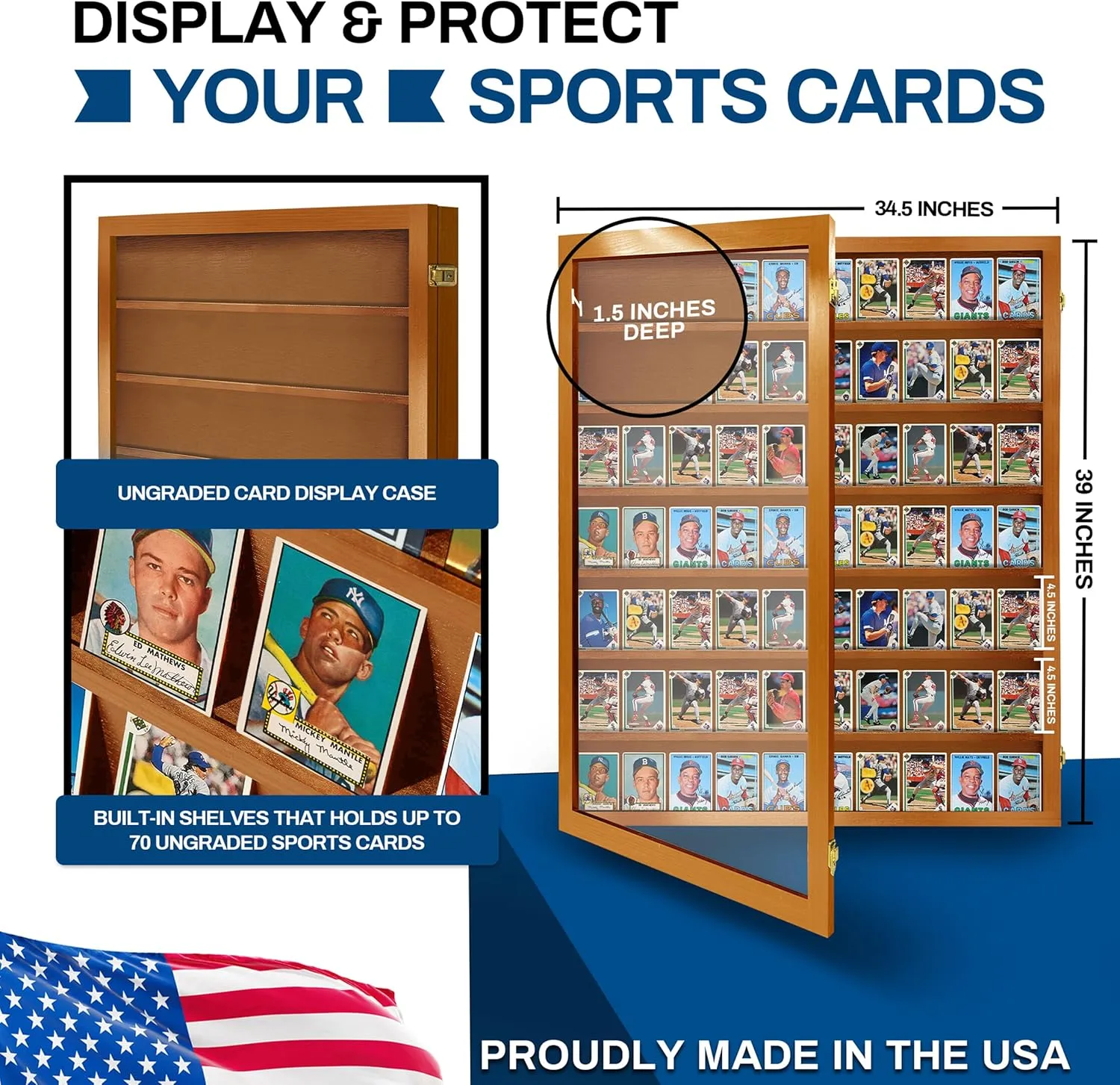 Baseball & Sports Card Display - Lockable Case for 70 Ungraded Cards with UV Protection