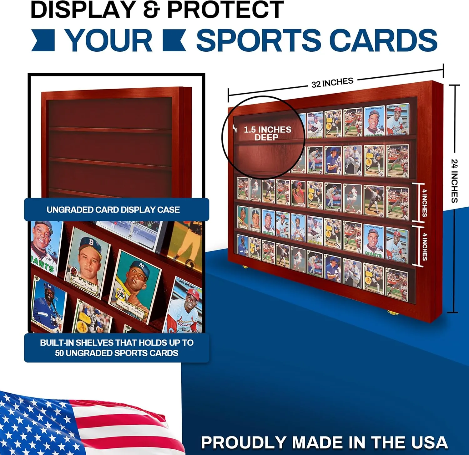 Baseball Card Display Case - Sports Card Display Frame Lockable - 50 Ungraded Cards Case with UV Protection, Pokemon Card Display for Football & Basketball | Trading Card Display